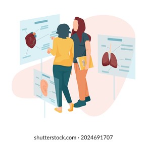 Modern students flat composition with female students of medical faculty looking into holographic screens vector illustration
