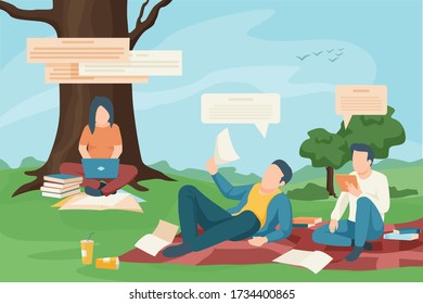 Modern students sitting outdoors with books and gadgets flat composition vector illustration