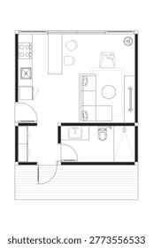Modern Studio Apartment Floor Plan with Living Area and Kitchenette. 1