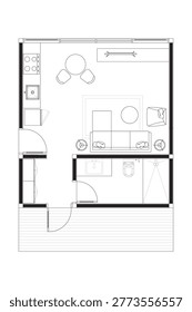 Modern Studio Apartment Floor Plan with Living Area and Kitchenette. 2