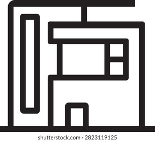 Modern studio apartment line icon with cantilever overhang balcony and tall vertical window isolated on white background.
