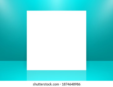 Modern studio background, great design for any purposes. Vector green abstract background with sheet of paper. 3d vector illustration.