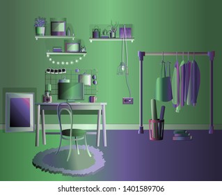 Modern study room vector flat illustration, workplace with computer in room. Creative workspace for student with computer, books, shelves and hangers. Table, frames, pictures and clothes. 