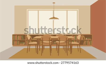 Modern study room with wooden chairs around a table and bookshelves by large windows