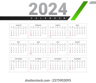 modern style 2024 new year english calendar template design vector