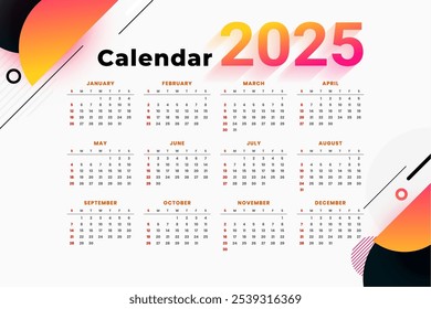 modern style 2025 english calendar template design vector