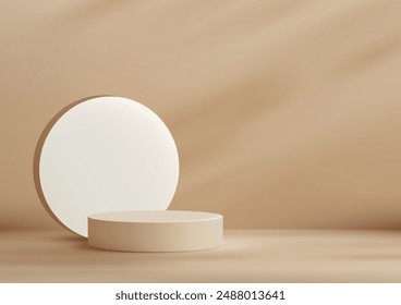 Modern Style 3D Beige Circle Podium with White Circle Backdrop on Beige Background Perfect for Product Display Mockup Showroom Showcase