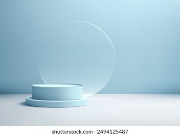 Modern Style 3D Blue Podium with Glass Circle and Light Blue Background, Perfect for Product Display Mockups and Showroom Showcases