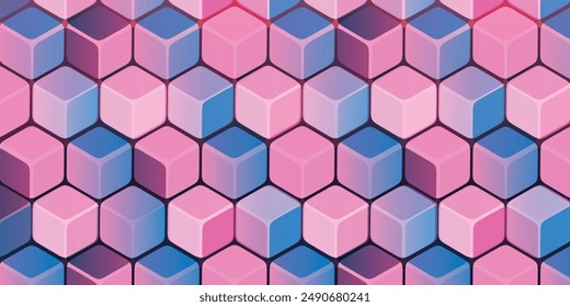 Modern Style 3D Cuboids Texture Colored in Shades of Blue, Purple and Pink - Mosaic Pattern, Editable Abstract Geometric Background Design, Vector Template