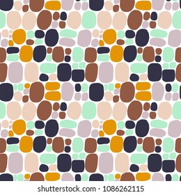 Modern style abstraction with composition made of various rounded shapes in organic earth tones color. Vector illustration and seamless pattern in vintage style with bubbles and circles