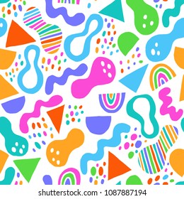 Modern style abstraction with composition made of rounded shapes, rainbows, triangles, dots, stripes, circles in autumn fall color. Vector illustration and seamless pattern in abstract Memphis style