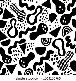 Modern style abstraction with composition made of rounded shapes, rainbows, triangles, dots, stripes, circles in black and white. Vector geometric illustration and seamless pattern in abstract style