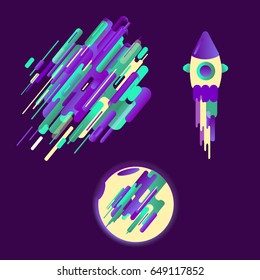 Modern style abstraction with composition made of various rounded shapes in color, a modern image of a flying rocket and the moon. Vector illustration. Vector illustration.