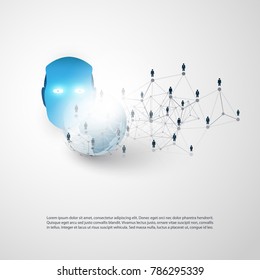 Modern Style AI Assisted Business Networks Concept Design With Global Digital Network Connections, Earth Globe and Robot Head