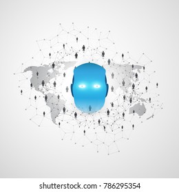 Modern Style AI Assisted Business Networks Concept Design With Global Digital Network Connections and Robot Head