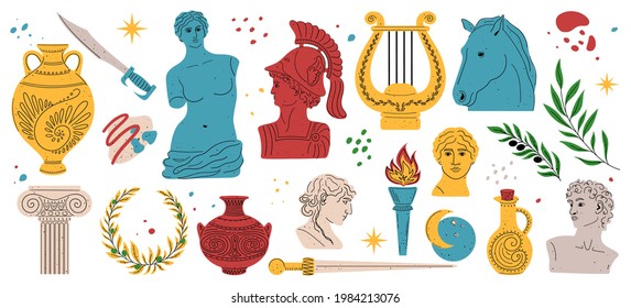 Modern style Antique greek sculpture set. Heads of woman, knight, horse. Branch, amphora, hand. Mythical ancient greek style