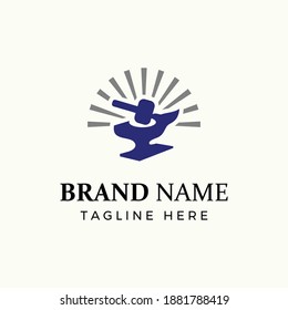 Modern style anvil and hammer with light shine for strong brand logo template