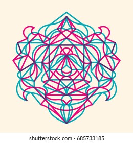 Modern style arabesque made of outline shapes in pink and blue colors. Vector illustration.