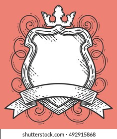 Modern style blank heraldic shield with a ribbon and crown. Vintage swirls and strokes for contrast. Hipster style vintage looking badge with a copyspace.