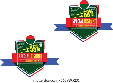 Estilo moderno azul fita vetor tags com 55% e 60% off especial oferecer etiquetas promocionais