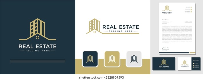 Modern style building real estate logo design with business card and letterhead template. the needs of construction, architecture, and business firms