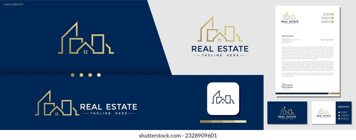 Modern style building real estate logo design with business card and letterhead template. the needs of construction, architecture, and business firms