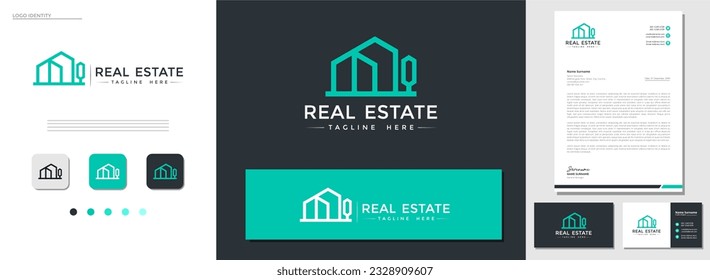 Modern style building real estate logo design with business card and letterhead template. the needs of construction, architecture, and business firms