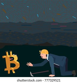 modern style business illustration, very confused man wants to catch a bitcoin character