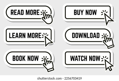 Modern style buttons set in dark colors. Read, learn more, watch and buy now button for web and mobile apps. Vector EPS 10. Vector illustration