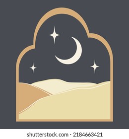 Modern style card with retro boho design, moon and desert.