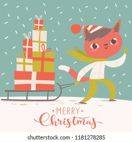 Modern style cartoon Christmas poster with a cat and Christmas gifts