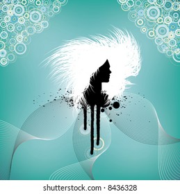 Modern style celebration with colored circles, a dancing woman's head with messy hair in the middle and some grunge technique as well.
