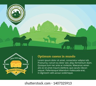 Modern style cheese logo. Dairy farm or farming design elements. Vector cheese illustration with rural landscape, cows, sheep, goat for groceries, agriculture stores, packaging and advertising.