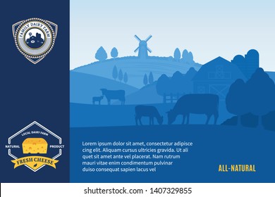 Modern style cheese logo. Dairy farm or farming design elements. Vector cheese illustration with rural landscape, cows and calves for groceries, agriculture stores, packaging and advertising.