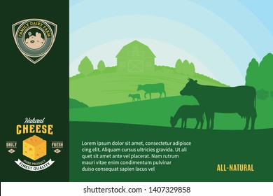 Modern style cheese logo. Dairy farm or farming design elements. Vector cheese illustration with rural landscape, cows and calves for groceries, agriculture stores, packaging and advertising.