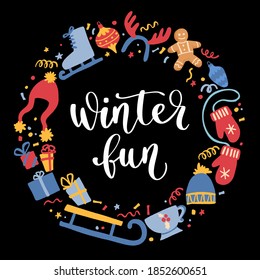 Modern style Christmas and New Year phrase. Hand drawn holiday elements and winter quote.Concept for cards, leaflets or banners. Vector illustration on black background.
