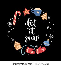 Modern style Christmas and New Year phrase. Hand drawn holiday elements and winter quote.Concept for cards, leaflets or banners. Vector illustration on black background.