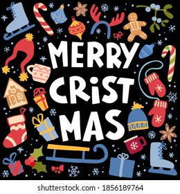 Modern style Christmas and New Year phrase. Hand drawn holiday elements and winter quote.Concept for cards, leaflets or banners. Vector illustration on black background.
