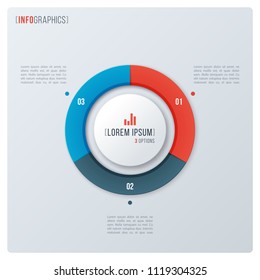 Modern style circle donut chart, infographic design, visualization template with three options. Vector illustration.