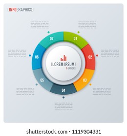 Modern style circle donut chart, infographic design, visualization template with seven options. Vector illustration.