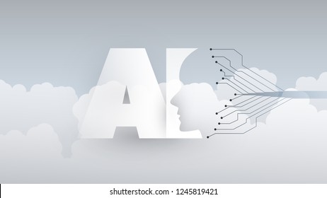 Modern Style Cloud Computing, Global AI Assistance, Automated Support, Digital Aid, Deep Learning and Future Technology Concept Design with Clouds and Human Head - Vector Illustration