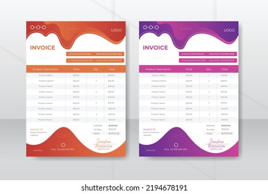 Modern style corporate invoice design template for accounting bookkeeping finance business as money receipt a4 size with tow color variation