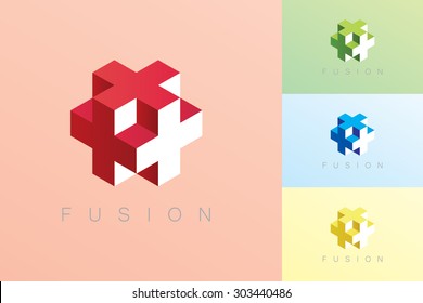 Modern style cube vector in red, blue, green and yellow color with Fusion text.