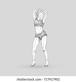 Modern Style Dancer Posing Sketch of Lonely Girl Dances with Her Arms Raised