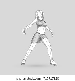 Modern Style Dancer Posing Sketch of Dancing Girl on a Gray Background