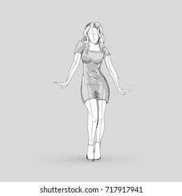 Modern Style Dancer Posing Sketch of Dancing Girl Isolated on Gray Background