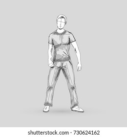 Modern Style Dancer Posing Sketch of Man Isolated on Gray Background