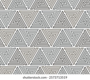 Modern style design with striped dark triangles on a white background. Elegant linear texture. Seamless repeating pattern. Abstract vector illustration.