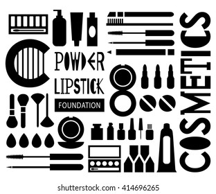 Modern style design vector illustration of silhouette pattern with cosmetics in solid white background.

