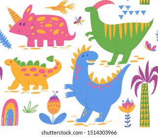 Modern style dino seamless pattern with different cute cartoon dinosaur characters in bright colors. Vector creative seamless pattern for background, textiles, wallpaper and wrapping paper design. 